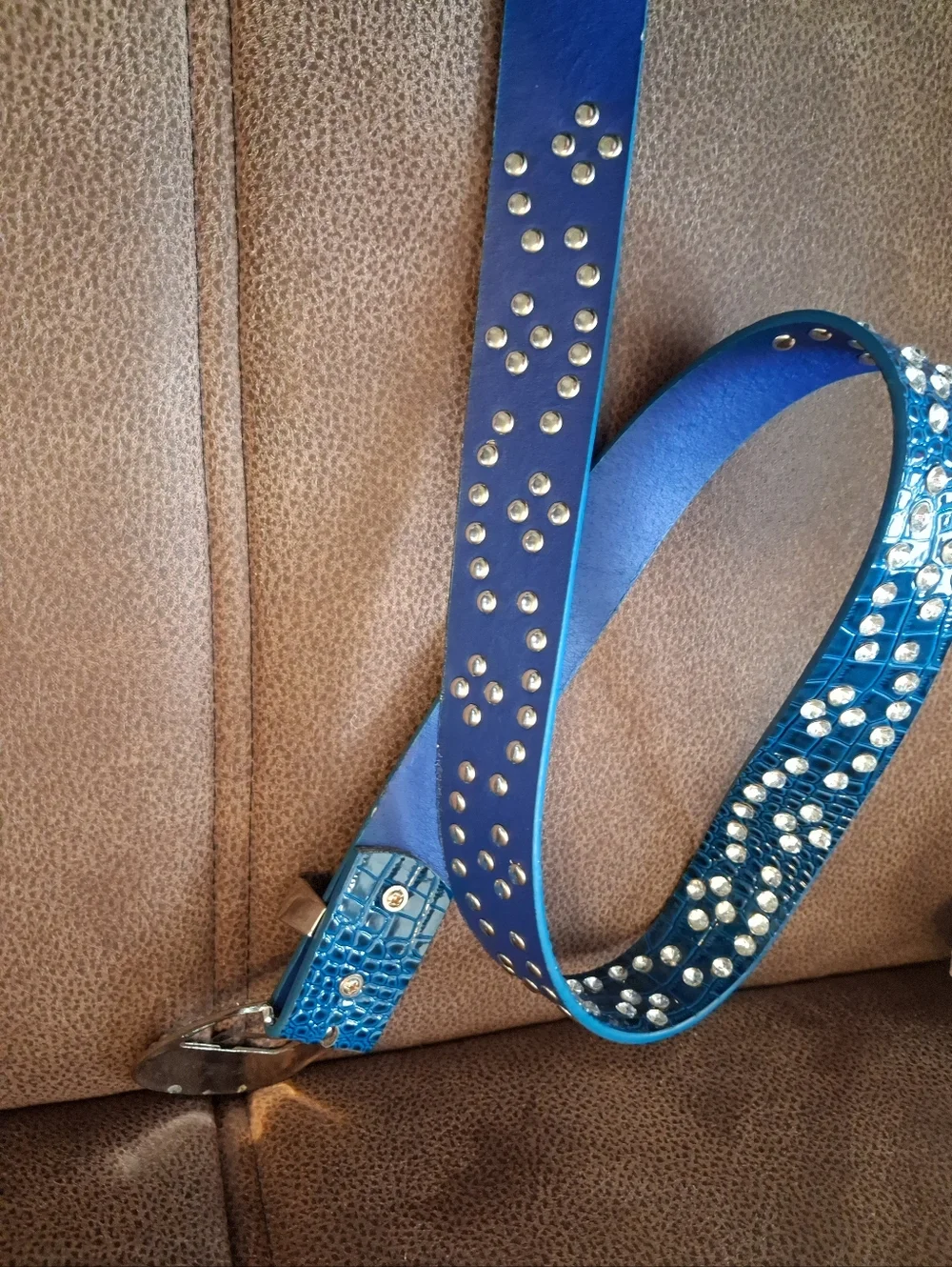 Blue Croc-Embossed Faux Leather Rhinestone Western Belt 33 To 38 Inches